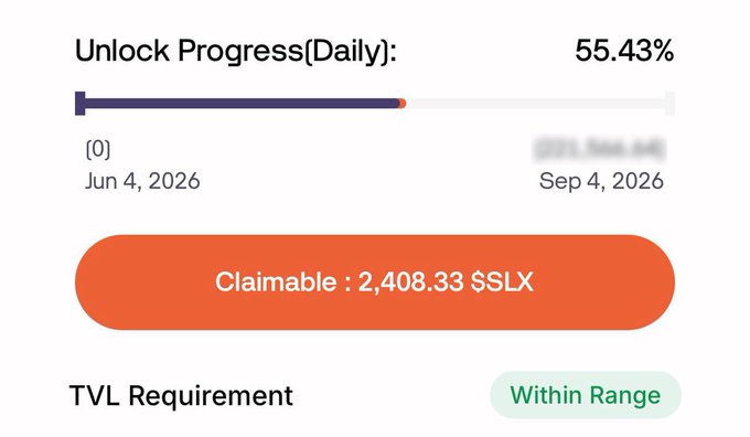 The image shows a daily unlock progress tracker at 55.43%, running from Jun 4, 2026 to Sep 4, 2026, with a claimable amount of 2,408.33 $SLX and a "Within Range" TVL requirement status. This dashboard visualizes the $SLX airdrop claim process referenced in the post, demonstrating that users can consistently claim 2,400+ tokens ($300) daily throughout the unlock period despite $SLX's 80% price decline.