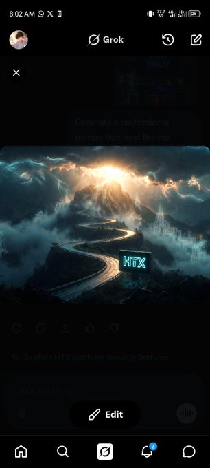 The image shows a social media app interface that displays an edited photo of a mountain road with a neon sign reading "HTX" at the bottom right corner, indicating that the photo has been edited or filtered. The caption below the photo reads "HTX: Moving Forward with Vision, Strength, and Long-Term Confidence". This post seems to be related to cryptocurrency, as it mentions Bitcoin and other cryptocurrencies in its description.