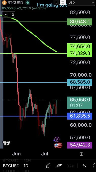 A TradingView chart of BTCUSD showing the price at $65,056, up 4.37%, with key support and resistance levels marked including $80,648, $74,654, $68,585, $61,835, and $54,942. The caption references Bitcoin reaching $65,000 as a humorous "thank you" to Nikita Bier, with the chart illustrating the current price level relative to recent highs.