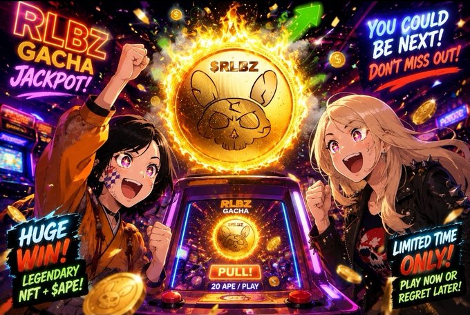 Anime-style promotional graphic for 'RLBZ GACHA JACKPOT!' featuring two excited characters and text advertising legendary NFT wins and limited time offers at 20 APE per play.