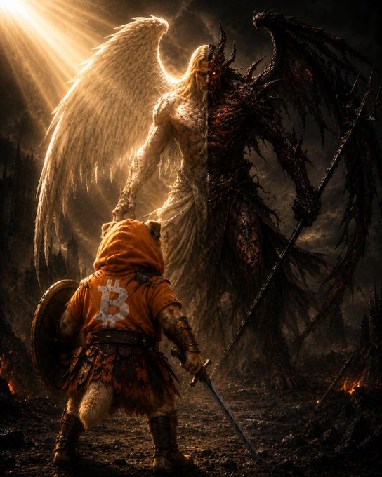 A dramatic fantasy scene depicting a Bitcoin warrior in an orange hooded tunic with a 'B' symbol facing a massive, split angel-demon figure—one half glowing white and angelic, the other dark and demonic with red eyes.