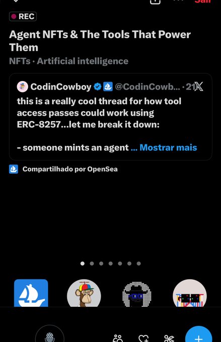 The image shows a close-up of an iPhone screen with a Twitter feed displaying a conversation about agentic NFTs, tools for power, and their relationship to AI intelligence. The person talking appears to be in a discussion or sharing information related to these topics. There is also another smaller image on the right side of the screen.