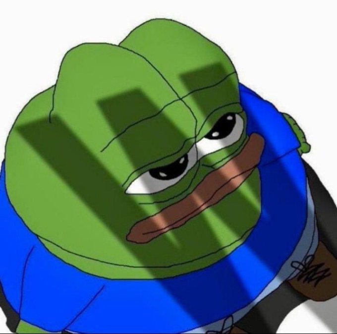 A cartoon illustration of a sad-looking Pepe the Frog wearing a blue shirt, with prison bars shadow cast over its face.