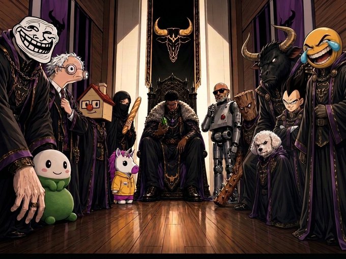 An anime-style throne room scene shows various meme and internet characters—including Trollface, a crying-laughing emoji, Vegeta, a robot, and other figures—gathered around a king seated on a throne beneath a bull emblem, depicting the "$ANSEM army" as a diverse legion of internet meme warriors united under their leader. The image visually represents the "ANSEM army" as a quirky, eclectic force composed of recognizable meme characters pledging allegiance to a central figure.
