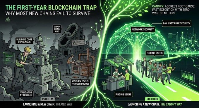 An infographic titled 'THE FIRST-YEAR BLOCKCHAIN TRAP: WHY MOST NEW CHAINS FAIL TO SURVIVE' contrasts the struggles of launching a new chain with a solution called 'CANOPY: ADDRESS ROOT CAUSE: FAST EXECUTION WITH ZERO WASTED MOTION', highlighting issues like 'CHAIN CHAIN ARC', 'VALIDATOR STRUGGLES', and 'KITCHEN FOCUS (vs USER FOCUS)'.