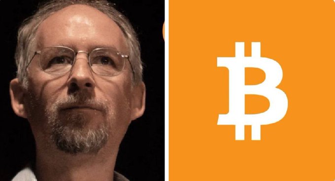 Split image showing a portrait of a bearded man with glasses on the left and the Bitcoin (₿) logo on an orange background on the right.