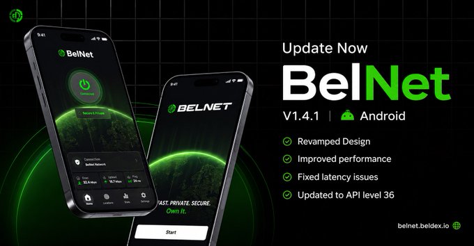 An advertisement for 'BelNet' V1.4.1 on Android, showing two smartphones displaying the app's green interface against a dark grid background, with features listed including 'Revamped Design,' 'Improved performance,' and 'Fixed latency issues.'