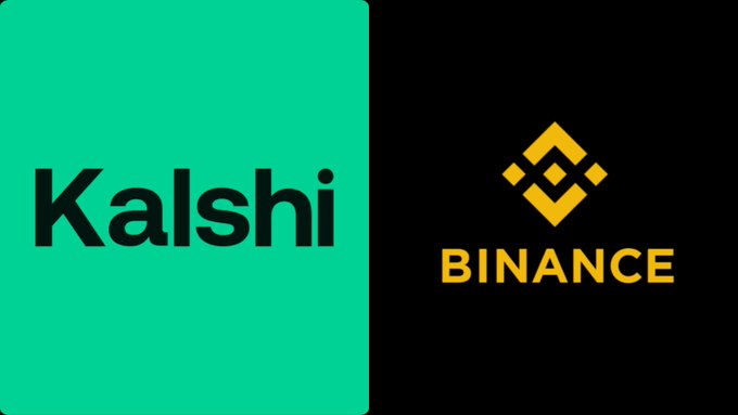 The image displays the logos of Kalshi (in black text on a teal background) and Binance (its yellow geometric logo on a black background), visually representing the two platforms whose data is being compared in the post about Bitcoin price discovery correlation.