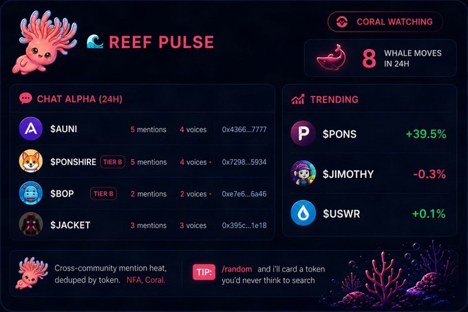 A dashboard titled "REEF PULSE" displays 24-hour chat mentions for tickers like $AUNI, $PONSHIRE, and $BOP, alongside trending tokens such as $PONS and $JIMOTHY.
