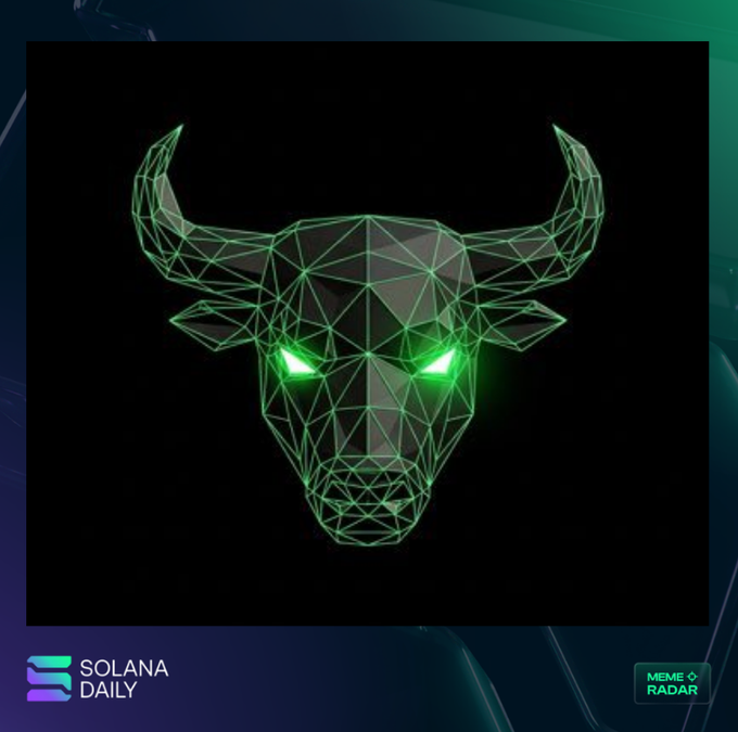 A geometric, wireframe bull head with glowing green eyes is displayed against a black background, symbolizing the "$HBULL" token's connection to the $ANSEM "Hyper Bull" ecosystem, with the image watermarked by "SOLANA DAILY" and "MEME RADAR."