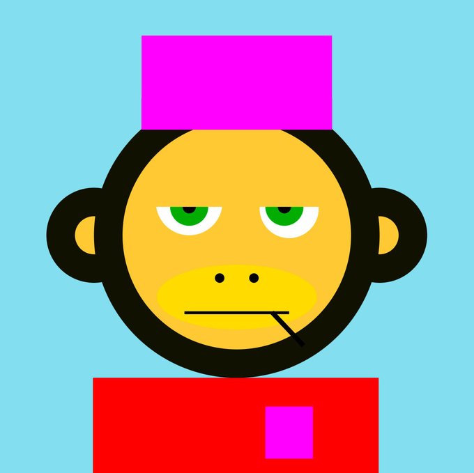 A cartoon illustration of a yellow-faced character with green eyes, wearing a purple rectangular hat and red shirt against a light blue backdrop.