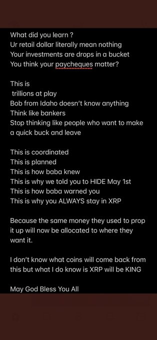 A red-background text screenshot containing XRP/crypto conspiracy theory content, claiming 'trillions at play' and asserting 'XRP will be KING' as a coordinated plan.