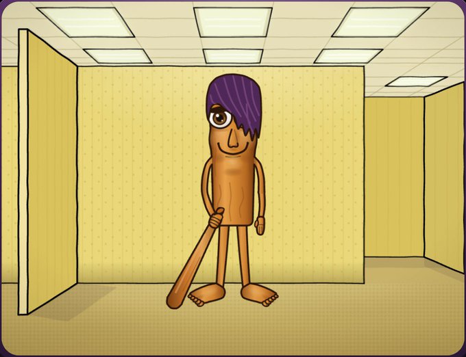 A cartoon illustration of a tall, wooden, one-eyed character with purple hair holding a baseball bat in a yellow room resembling the Backrooms.