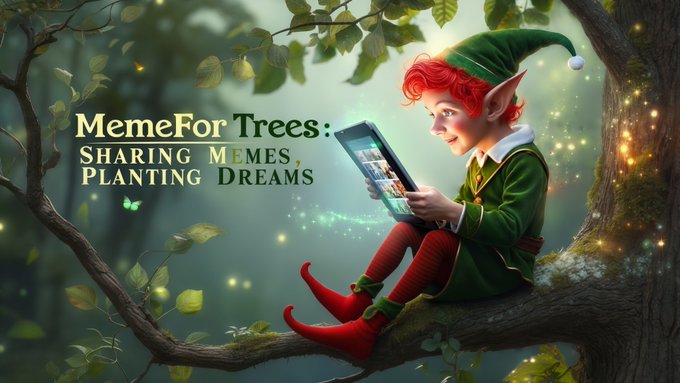 A whimsical fantasy illustration shows a red-haired elf in green clothing sitting on a tree branch holding a tablet, with the text 'MemeFor Trees: SHARING MEMES, PLANTING DREAMS' overlaid on a magical forest background.