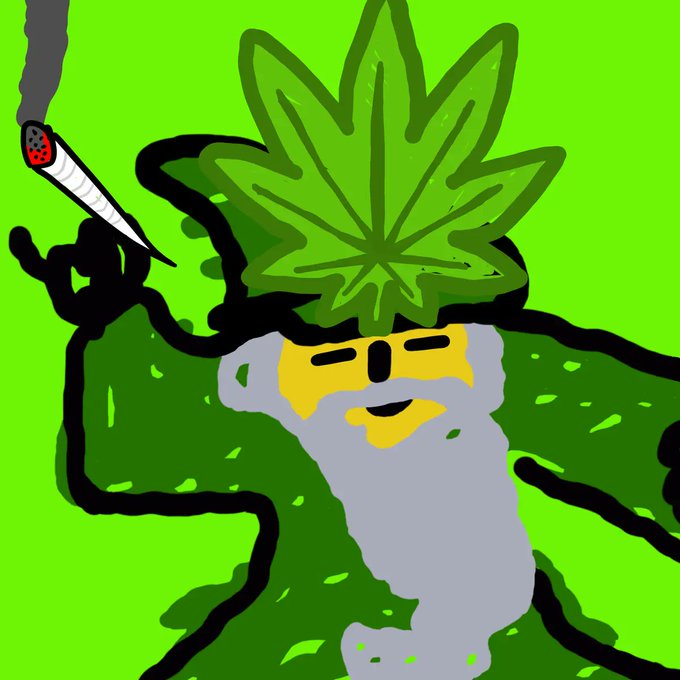 A crudely drawn, cartoonish figure with a yellow face and grey beard smokes a joint, set against a bright green background with a large cannabis leaf above its head.