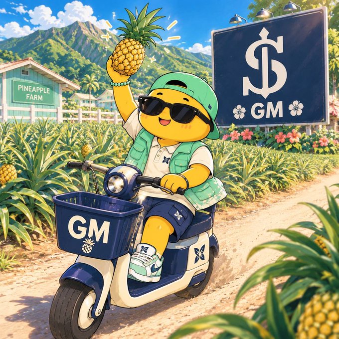 An illustration of a yellow cartoon character wearing sunglasses and a green cap, riding a blue scooter labeled 'GM' past a 'PINEAPPLE FARM' while holding a pineapple, with a '$GM' billboard in the background.