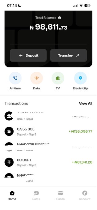 A mobile banking app screenshot displays a Total Balance of ₦98,611.73 with quick options for Airtime, Data, TV, and Electricity, plus recent transactions showing crypto deposits of 0.955 SOL (+₦136,096.77) and 60 USDT (+₦81,341.28). The image relates to the post by showing early earnings this month—roughly ₦218,000 gained in a day—making it clear the user is "sweet" from the start of the month with strong returns from trading.