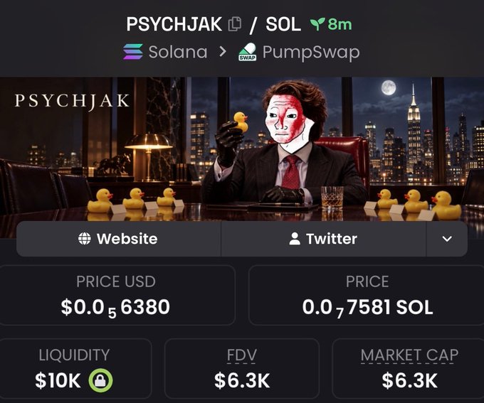 A meme-style trading dashboard displays the PSYCHJAK/SOL token on PumpSwap (Solana), showing a 6.3K FDV and market cap with a masked figure surrounded by rubber ducks. The image visually confirms the post's claim about an early entry at the 6.3K market cap.