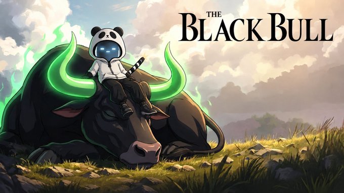 An anime-style illustration titled 'THE BLACK BULL' showing a small character in a panda hoodie sitting on a large, resting black bull with glowing green horns. They are positioned in a grassy field with a cloudy sky in the background.