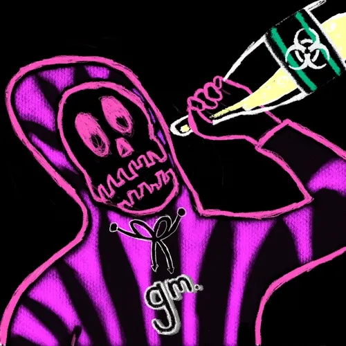 A cartoon-style illustration depicts a purple-hooded skeleton figure being offered a green and black bottle, with 'gm..' text written below.
