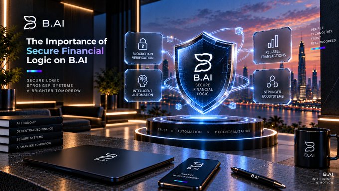 A promotional graphic for 'B.AI' titled 'The Importance of Secure Financial Logic on B.AI,' featuring a glowing blue shield logo surrounded by feature icons including 'BLOCKCHAIN VERIFICATION,' 'RELIABLE TRANSACTIONS,' 'INTELLIGENT AUTOMATION,' and 'STRONGER ECOSYSTEMS,' displayed on a desk with branded merchandise.