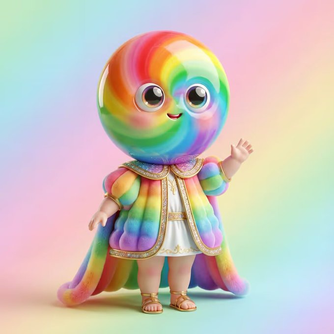 A 3D-rendered cute rainbow-colored character with a large round head, wearing a sparkly cape and gold sandals, waves cheerfully against a pastel background.