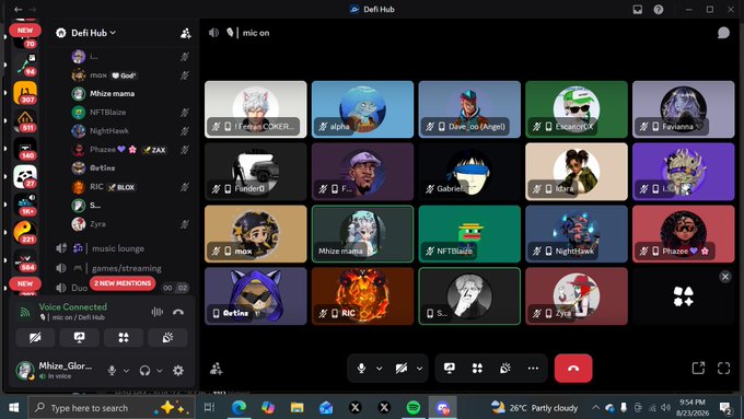 A Discord Defi Hub voice channel called 'mic on' with approximately 22 participants in a grid view, including users with avatars like Infinity, alpha, Dave (Angel), and NightHawk.