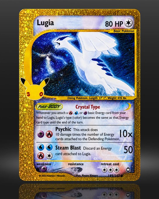 The image shows a shiny gold-bordered Lugia Pokémon card (149/147) featuring "Crystal Type" Poké-BODY and "Psychic" and "Steam Blast" attacks with 80 HP. The post "my wallet isn't ready for September" suggests the card is a highly sought-after collectible, likely indicating that September will bring a release or reprint that collectors are eager—and financially worried—to purchase.