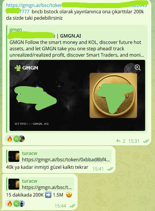 A Telegram chat screenshot in Turkish discussing the GMGN.AI token on bnb bstock, with users mentioning potential returns of 200k and showing a price rise from 40k to 1.5M in 15 minutes.