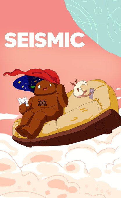An illustration with the word 'SEISMIC' showing a brown mascot character reading a book while reclining on a floating couch in the clouds, wearing a wizard hat decorated with Earth imagery.