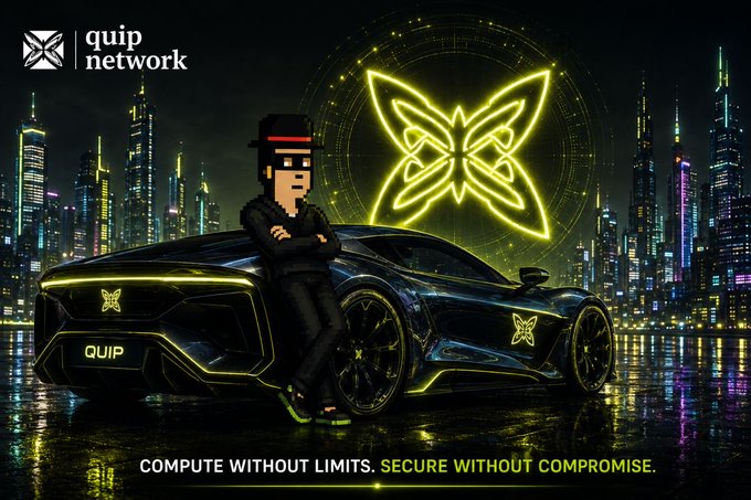 A sleek black sports car with yellow neon accents and "QUIP" branding is parked in a futuristic cyberpunk cityscape, with a cartoon figure in a hat leaning against it beneath a glowing atomic/quip-network logo. The image visually reinforces the post's theme by projecting a high-tech, futuristic aesthetic that aligns with Quip Network's vision of combining quantum computing power with post-quantum security solutions.