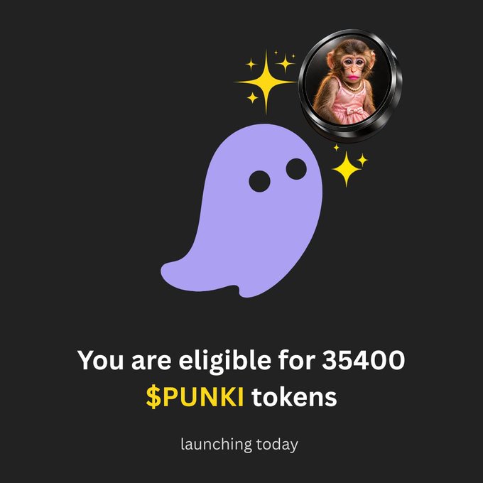 A promotional graphic featuring a purple ghost icon and a monkey wearing a pink dress, announcing: "You are eligible for 35400 $PUNKI tokens launching today."