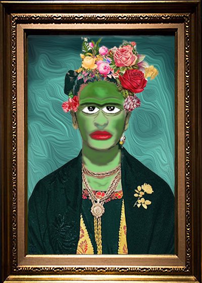 A framed portrait of Frida Kahlo reimagined with a green face, red lips, and a vibrant floral crown against a swirling teal background, evoking a surreal NFT artwork shared by @chaotic_crypto and @FAKERARES_XCP to hype their "FAKEFRIDA" crypto collectible.