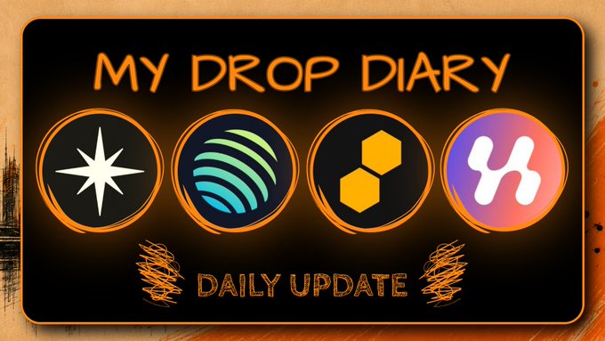 A 'MY DROP DIARY - DAILY UPDATE' graphic displaying four cryptocurrency token logos arranged in orange circles.