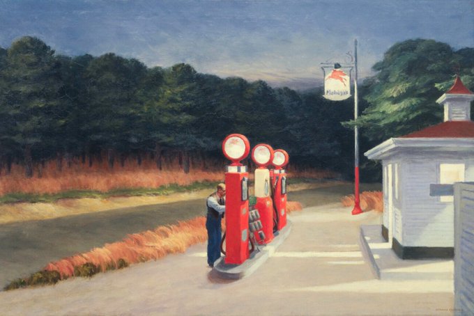 A painting of a vintage Mobil gas station at dusk, showing three red pumps with a man fueling a car, a hanging Mobil sign, and a wooded landscape in the background.
