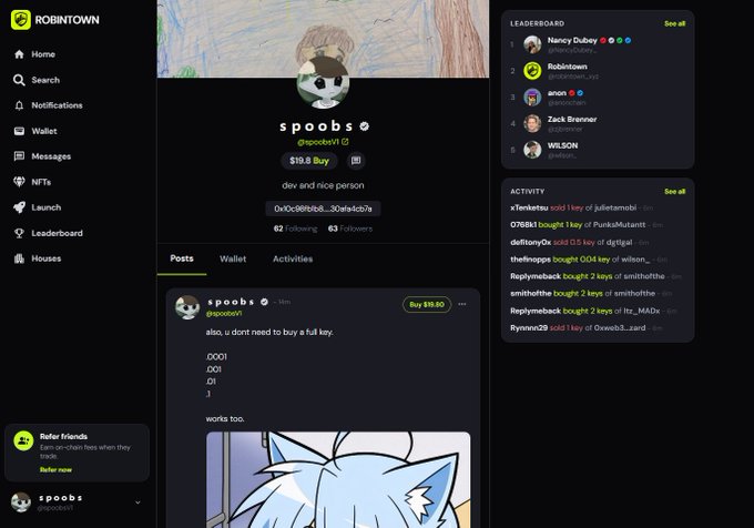 A RobinTown social media profile page for user 'spoobs' (@spoobzvr1) showing a $19.8 Buy button, follower count of 62, and a leaderboard featuring Nancy Dubey, RobinTown, amen 0, Zack Branner, and WILSON.