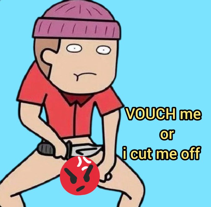 A cartoon figure in a beanie and red shirt grips a knife near his groin, with an angry red circle and the text “VOUCH me or i cut me off.” The scene humorously captures the pressure described in the post’s POV that everyone in CT is now forced to vouch for VouchFi.