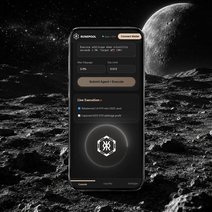 A smartphone displaying the RunePool app interface sits against a lunar surface backdrop, showing live execution details like "Rebalanced 2.4 ETH into USDC pool" and "Captured 0.037 ETH arbitrage profit" with a "Submit Agent + Execute" button. The moon setting visually reinforces the post's "touching the moon" metaphor, illustrating how RunePool's automated agents work around the clock—rebalancing and capturing arbitrage—while humans take the weekend off.