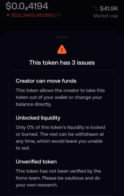 Screenshot of a crypto token warning page showing '$0.0₄194' with a 45.09% decline and three issues: 'Creator can move funds', 'Unlocked liquidity', and 'Unverified token'.