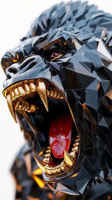 A detailed 3D rendering or sculpture of a roaring black panther or gorilla head featuring a faceted, geometric surface texture, bared gold fangs, and an open mouth revealing a red interior.