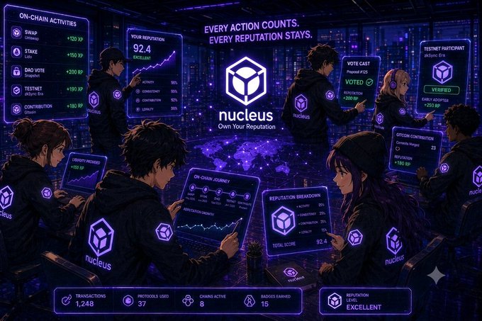 A group of hooded figures wearing "nucleus" branded jackets gather around a central glowing "nucleus - Own Your Reputation" interface, with floating dashboards displaying metrics like "YOUR REPUTATION 92.4 EXCELLENT," "ON-CHAIN ACTIVITIES" (Swap +720 XP, Stake +150 XP, DAO Vote +200 RP, Testnet +190 XP), "VOTE CAST (VOTED)," "TESTNET PARTICIPANT (VERIFIED, EARLY ADOPTER +210 RP)," and "REPUTATION BREAKDOWN" showing 92.4% total score. The image visually reinforces the post's message by illustrating how Nucleus gamifies on-chain participation, showing users actively engaging with reputation-tracking panels to earn XP and RP for every Web3 action.