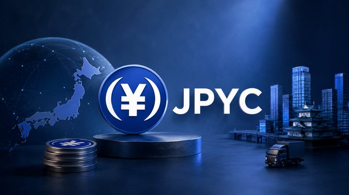 A promotional graphic for 'JPYC' (Japanese Yen Coin) featuring its logo with a yen symbol, coins, a globe showing Japan, and a cityscape with a truck on a blue background.
