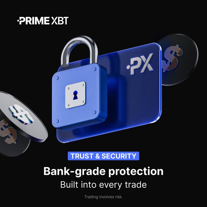 The image is a PrimeXBT promotional graphic featuring a 3D illustration of a blue padlock and a glass case marked "PX" alongside dollar coins, visually reinforcing the post's emphasis on security. Text reads: "TRUST & SECURITY - Bank-grade protection - Built into every trade," with a disclaimer noting "Trading involves risk."