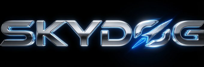 The image features a logo for a video game called "Skydog". The logo consists of a silver letter "S" with blue lightning bolts surrounding it, creating an intense and futuristic atmosphere. Below the logo, there's text that reads "Skydog Awaits... Play, Earn, and Rule the Galaxy! Own a SkyDog NFT, conquer the cosmic challenges in SkyTrek, and earn SKY Tokens based on your highest score." The combination of the sleek silver letter "S" with the dynamic blue lightning bolts gives off an exciting vibe that matches the gaming theme.