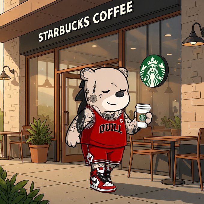 A cartoon illustration of a tattooed bear wearing a red Bulls jersey, holding a Starbucks coffee cup, standing in front of a Starbucks Coffee storefront.