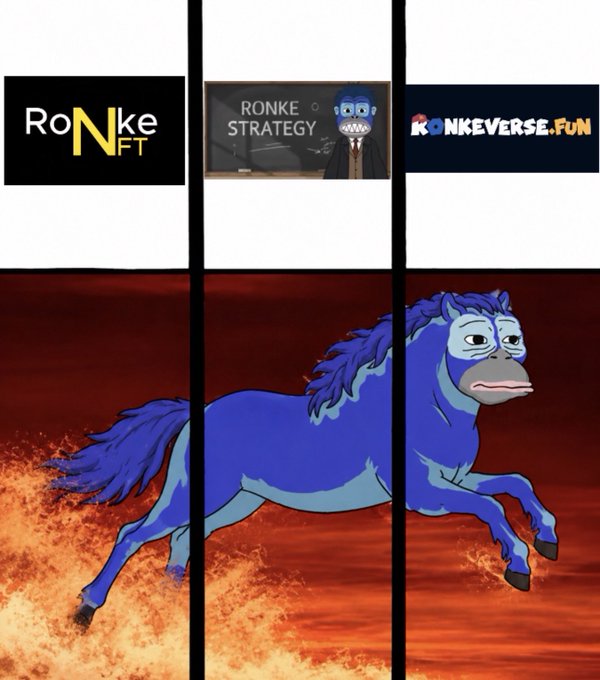 A promotional graphic for 'RONKE NFT' and 'RONKEVERSE.FUN' featuring 'RONKE STRATEGY' branding and a cartoon blue horse galloping through flames.