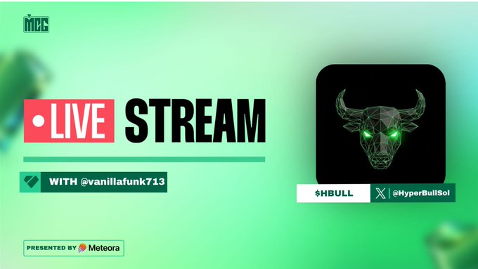 The image is a promotional graphic for a live stream on MCG featuring a bull logo with glowing green eyes and the text "$HBULL @HyperBullSol," presented by Meteora and hosted by @vanillafunk713. It aligns with the post by advertising the upcoming live stream interview, where the host will speak with the original $ANSEM developer at 12:30pm EST.