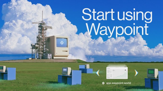 A giant desktop computer tower with a launch pad rocket structure sits in a grassy field under a cloudy blue sky, with smaller desktop computers arranged below, while a dashboard interface points toward "Start using Waypoint" and the URL "app.waypoint.world" is displayed. The surreal scene visually represents Waypoint's launch as a platform to bring on-chain AI applications to life.