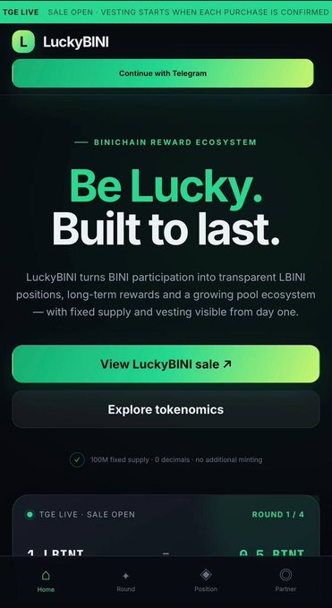 Mobile app screen for 'LuckyBINI' promoting a 'BINICHAIN REWARD ECOSYSTEM' with the tagline 'Be Lucky. Built to last.' and a 'Continue with Telegram' button.