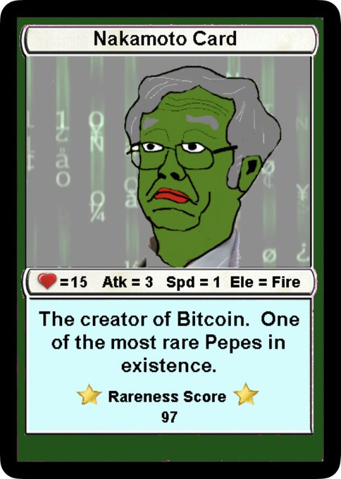 A 'Nakamoto Card' depicting a green Pepe-style character representing the creator of Bitcoin, with stats of HP=15, Atk=3, Spd=1, Ele=Fire, and a Rareness Score of 97.